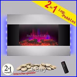 36 Wall Mount Log Pebble 2-in-1 Stainless Steel Electric Fireplace Stove Heater