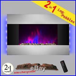 36 Wall Mount Stainless Steel Tempered Glass Electric Fireplace Heater 2-in-1
