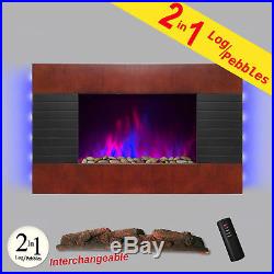 36 Wooden Tempered Glass Heat Wall Mount 2-in-1 Pebbles Electric Fireplace