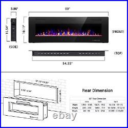 60 Wall Mounted Electric Fireplace Recesse Heat Ultra Low Noise Remote LED Flam