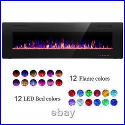 60 Wall Mounted Electric Fireplace Recesse Heat Ultra Low Noise Remote LED Flam