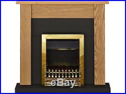 Adam Fireplace Suite in Oak and Black with Electric Fire in Brass, 43 Inches