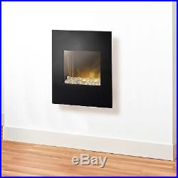 Adam Wall Mounted Compact Modern Electric Fire in Black Glass, 18 Inch, Pebble Bed