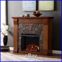 All Season Electric Fireplace TV Stand Distressed Oak Faux Stone Remote LED