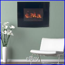 Black Curved Glass Electric Fireplace Wall Mount & Remote 25 x 20 Inch 1500W