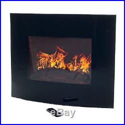 Black Curved Glass Electric Fireplace Wall Mount & Remote 25 x 20 Inch 1500W