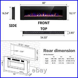 Electric Fireplace 60'', Recessed and Wall Mounted 750/1500W, Low Noise, with Timer