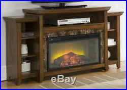 Electric Fireplace Entertainment Center Antique Wood Faux Stone Media TV Stand