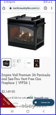 Empire Vail Premium 36 Penisula see through ventless gas fireplace with Log set