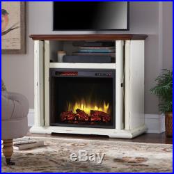 Infrared Electric Fireplace TV Stand Mantel Flame Logs Heater Vintage White Wood