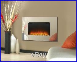 Large Mirrored Chrome LED Wall Mounted Electric Fireplace Real Flame Slim Heater