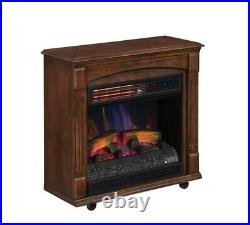 Rolling Electric Fireplace Mantel Infrared Quartz Heater Adjustable LED Flame