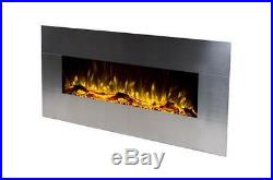 Touchstone 50 Onyx Stainless Steel wall-mount electric fireplace. Heat, flame