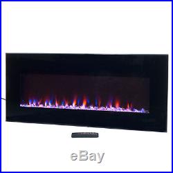 Wall Hung Electric Fireplace Home Decor LED Flame Heater Modern Black Glass Fire
