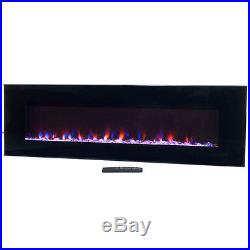 Wall Hung Electric Fireplace Home Decor LED Flame Heater Modern Black Glass Fire