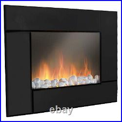 Wall Mounted Electric Fire Fireplace Black Glass Slim Living Flicker LED Flame