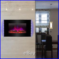 Wall Mounted Electric Fireplace 36' Heater Black Tempered Glass Remote Control