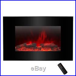 Wall Mounted Electric Fireplace 36' Heater Black Tempered Glass Remote Control