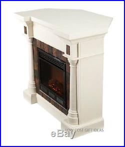 White Corner Fireplace TV Stand + Remote Faux Stone Electric Heater Indoor Rock