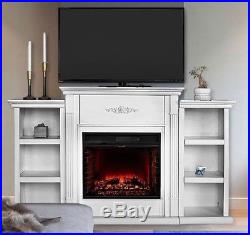 White Electric Fireplace Mantel 70 TV Stand Media Console Shelves Ivory Antique